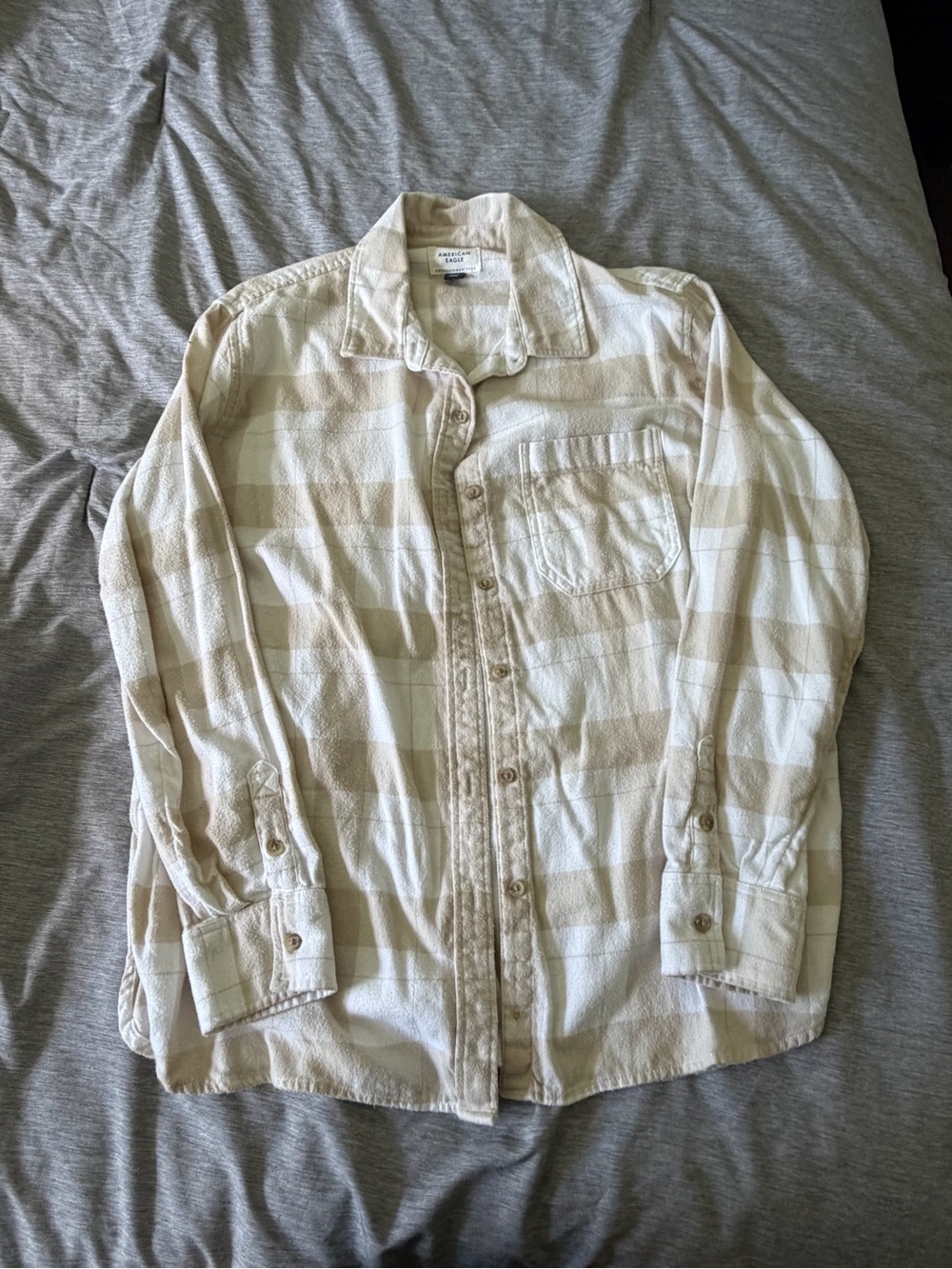 American Eagle Light Beige Plaid Button-Up Shirt